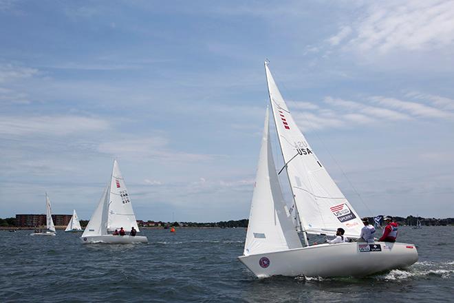 Rick Doerr, Hugh Fruend, Brad Kendell Sonar class leaders after day 1 Clagett 2015 ©  Billy Black / Clagett Regatta